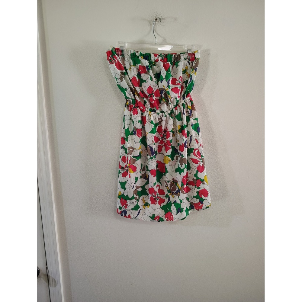 Tyche Floral Strapless Mini Dress Pink Green White High Low Empire Waist Womens